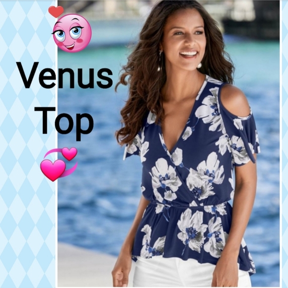 Tops - Venus Blue and White Floral Cold-Shoulder Top, Size L